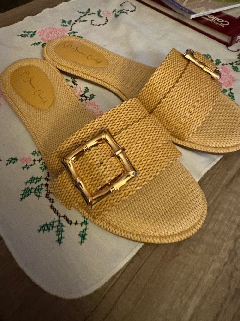 Woven Slide Sandals with Gold Buckle - Yellow - Women